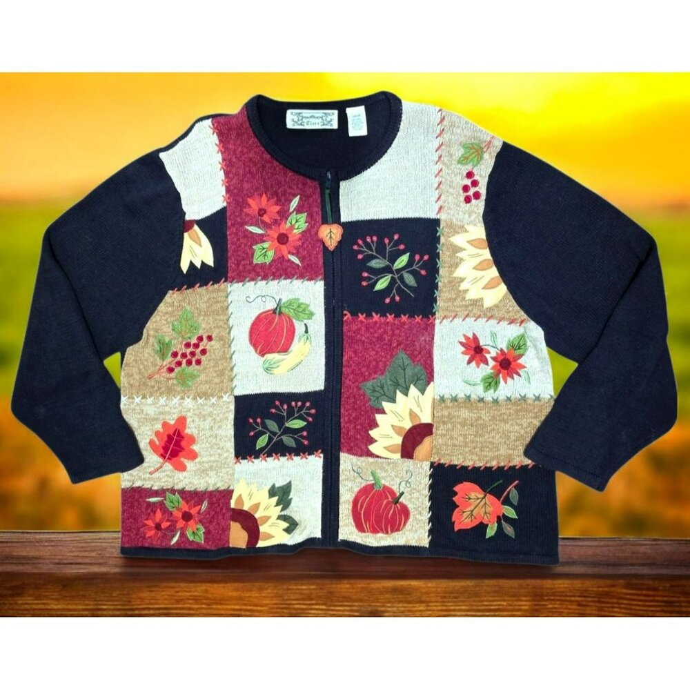 VTG Fall Patchwork Cardigan Sweater Zip Up Autumn Flowers Granny Core Plus 26/28